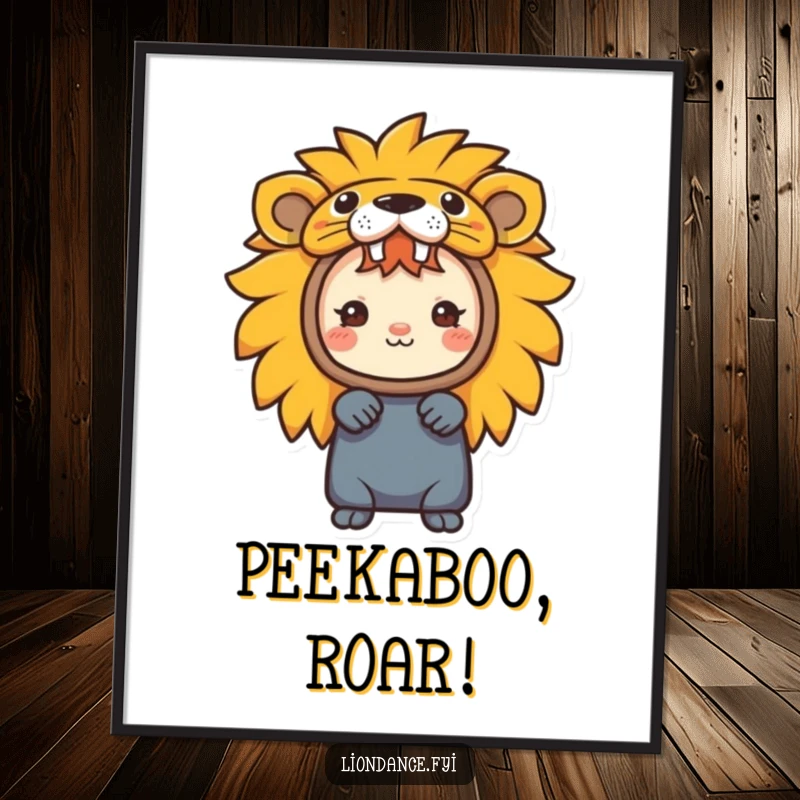Funny poster art of a character peeking from a colorful lion head costume, a whimsical and humorous decoration.