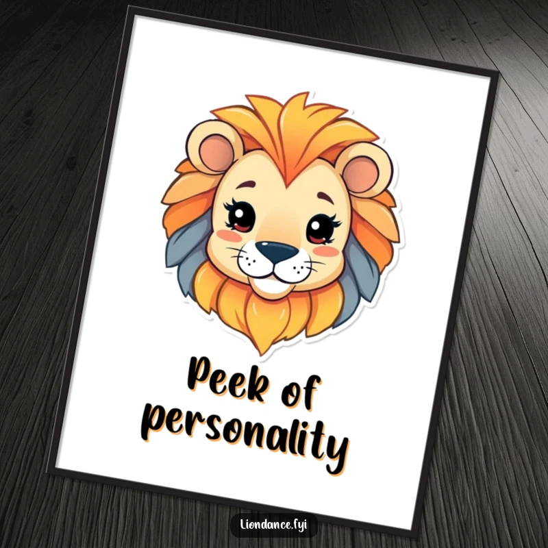 Funny poster showcasing a playful character peeking from a colorful lion head, creating a whimsical and intriguing visual.