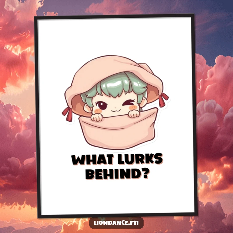 Funny Poster illustrating a small character with a mischievous grin, peeking from behind a silken banner.