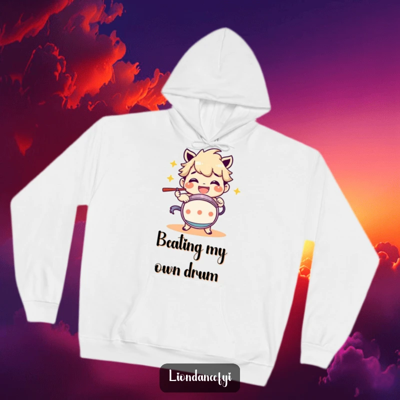 Funny Hoodie: A character happily beating a drum with a wide smile, radiating energy and musical joy. Ideal for cozying up or jamming out.