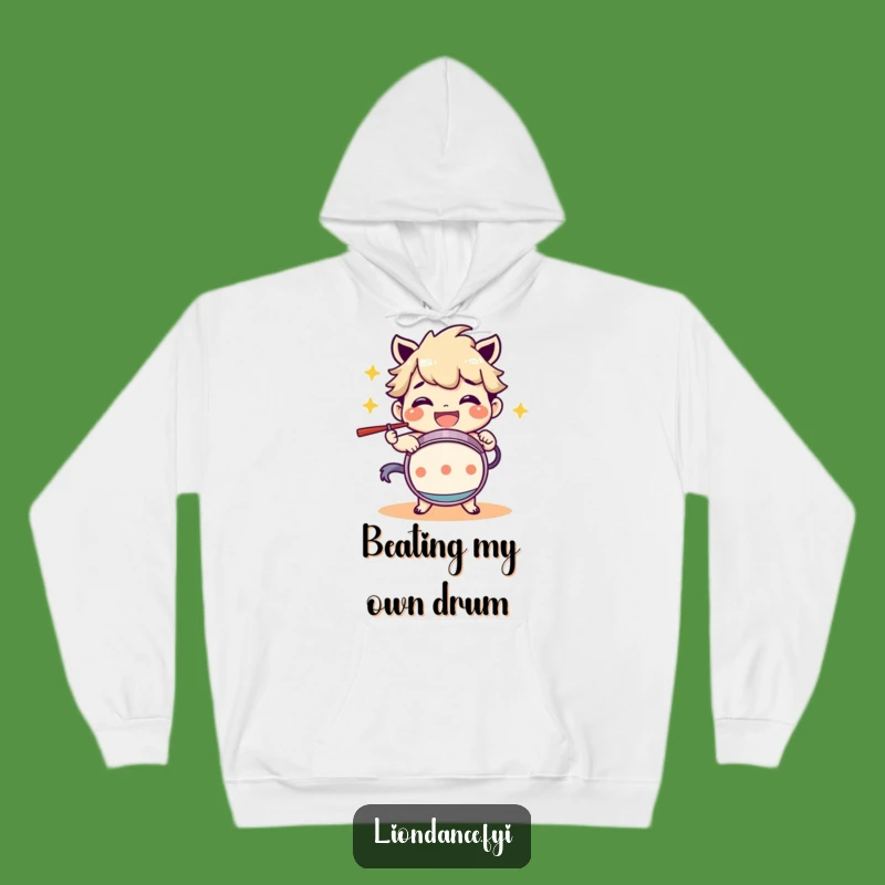 Cozy Funny Drum Beating Character Grinning Hoodie: Feel The Beat!