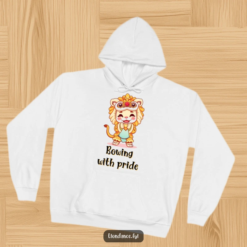 Funny hoodie featuring a joyful performer in a majestic lion costume bowing, offering warmth and a humorous sense of accomplishment.