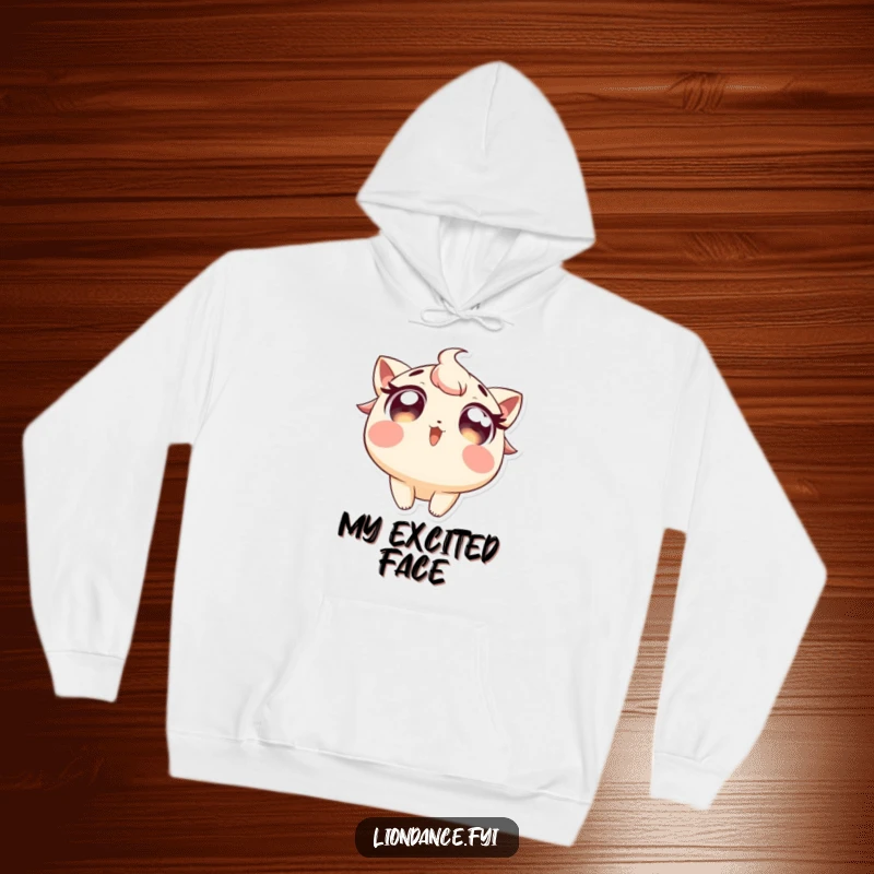 Funny hoodie depicting a character with wide, excited eyes looking upwards, filled with wonder. Ideal funny gift.