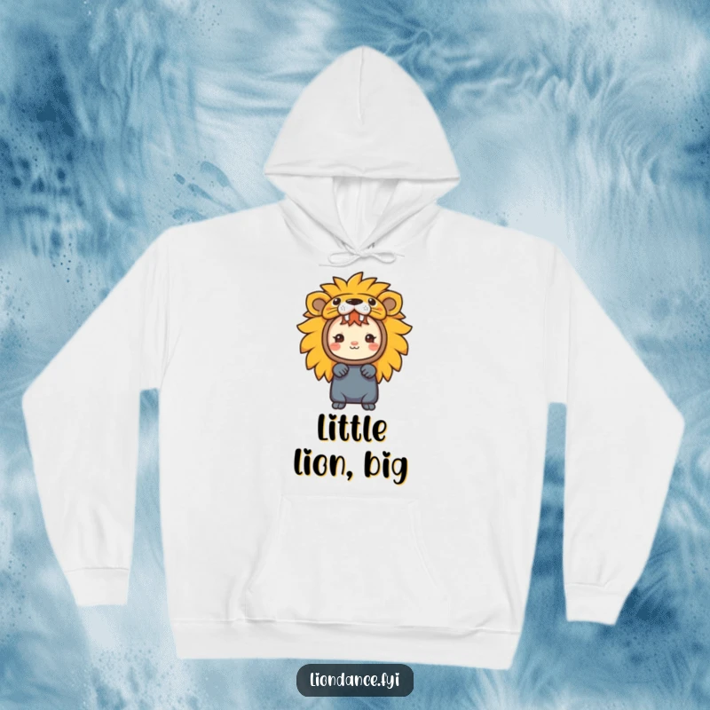 Funny hoodie featuring a character peeking out from a colorful lion head costume, perfect for playful comfort.