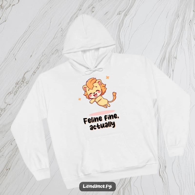 Funny hoodie showing a delighted character tumbling with a magnificent, flowing lion's tail, capturing a moment of pure, cozy fun and happiness.