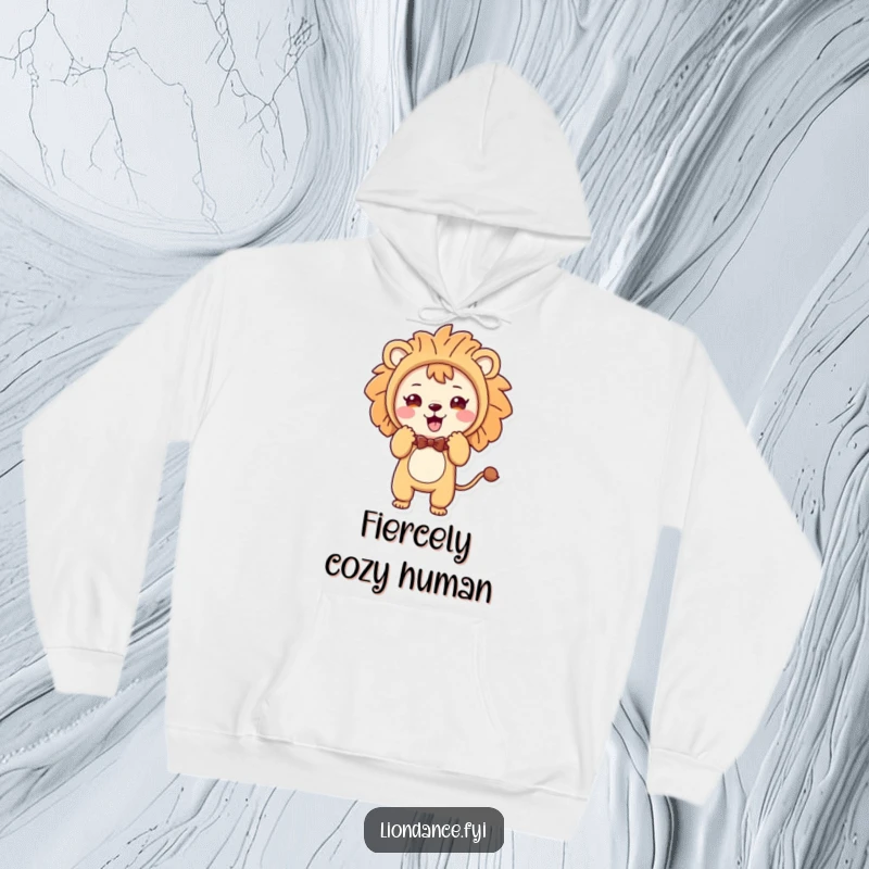Funny hoodie with a cute character in a lion costume performing a playful bow, a heartwarming display of humor.