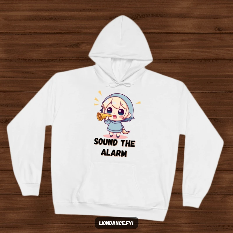Funny hoodie depicting a character blowing a horn, radiating warmth, cheer, and a festive spirit.