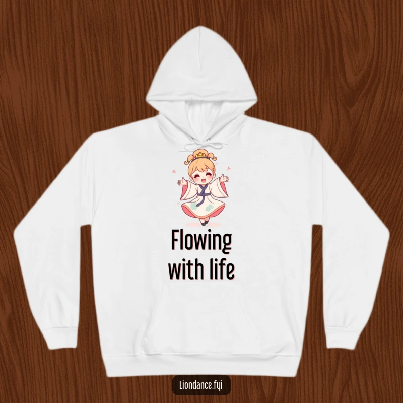Funny flowing costume hoodie, depicting a happy character in a dynamic, celebratory spin, perfect for cozy fun.