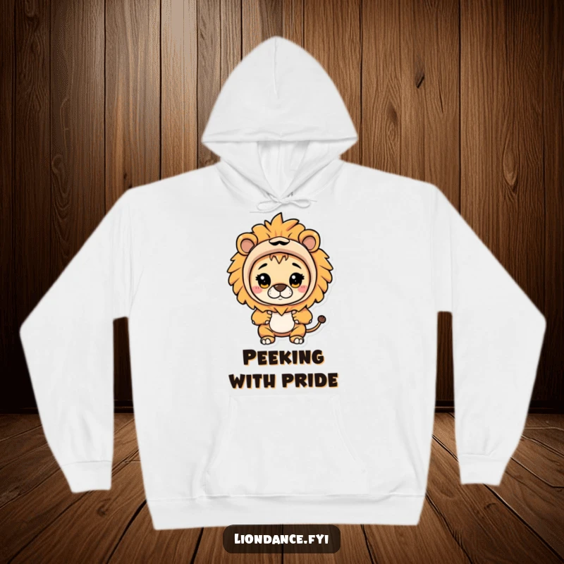Funny hoodie featuring a character in a lion costume curiously peeking out, offering warmth and a playful sense of mystery.