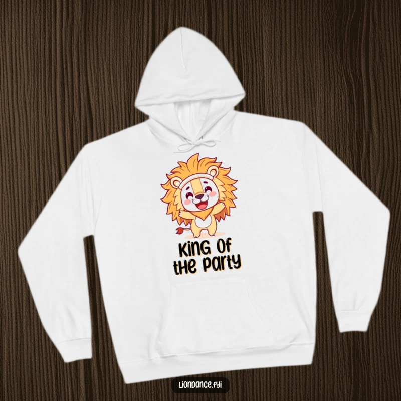 Funny hoodie with a playful character inside a large lion costume head, doing a happy spin, perfect for cozy, humorous wear.