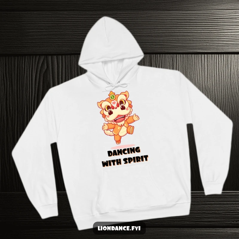 Funny hoodie featuring a cheerful lion dance character in a dynamic leap, symbolizing joy and festivity.
