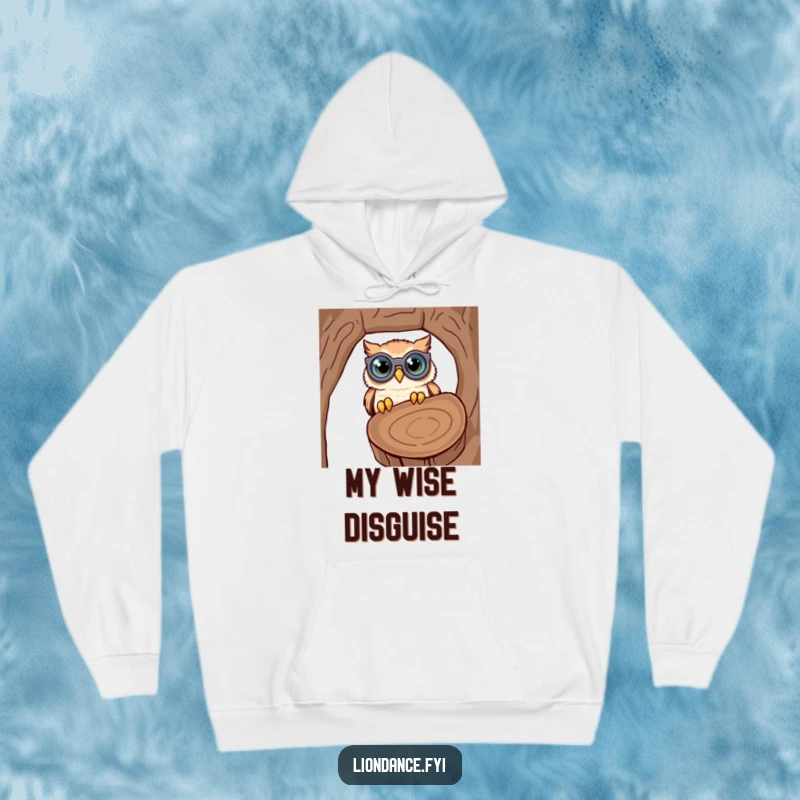 Funny hoodie design featuring a cute owl with oversized binoculars, comically inspecting a hollow log, offering warmth and humor.