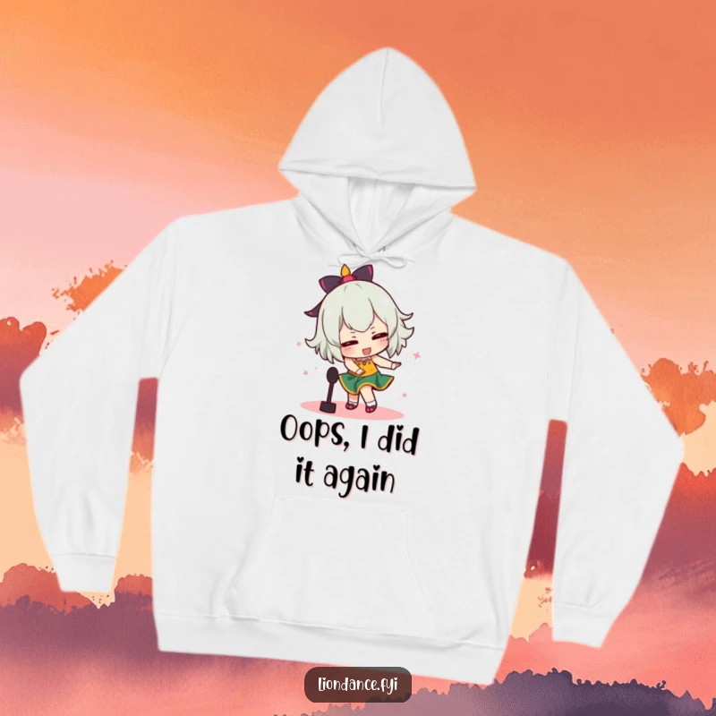 Funny hoodie featuring a character comically tripping over a dance prop, embodying a hilarious and relatable moment of performance.