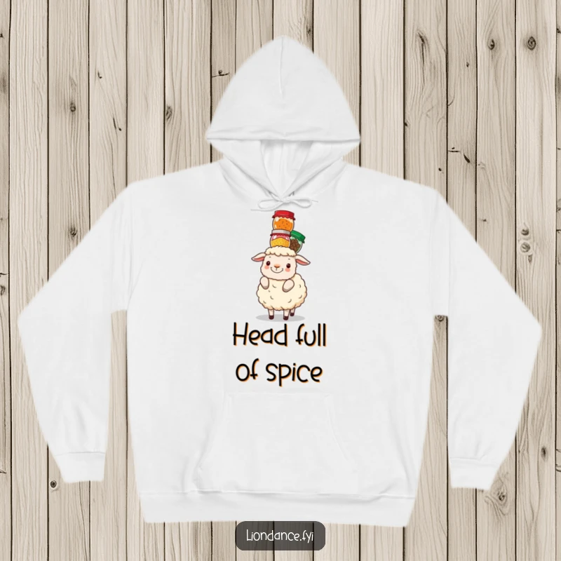 A fluffy sheep attempting to balance numerous colorful spice jars on its head is depicted on a soft hoodie.