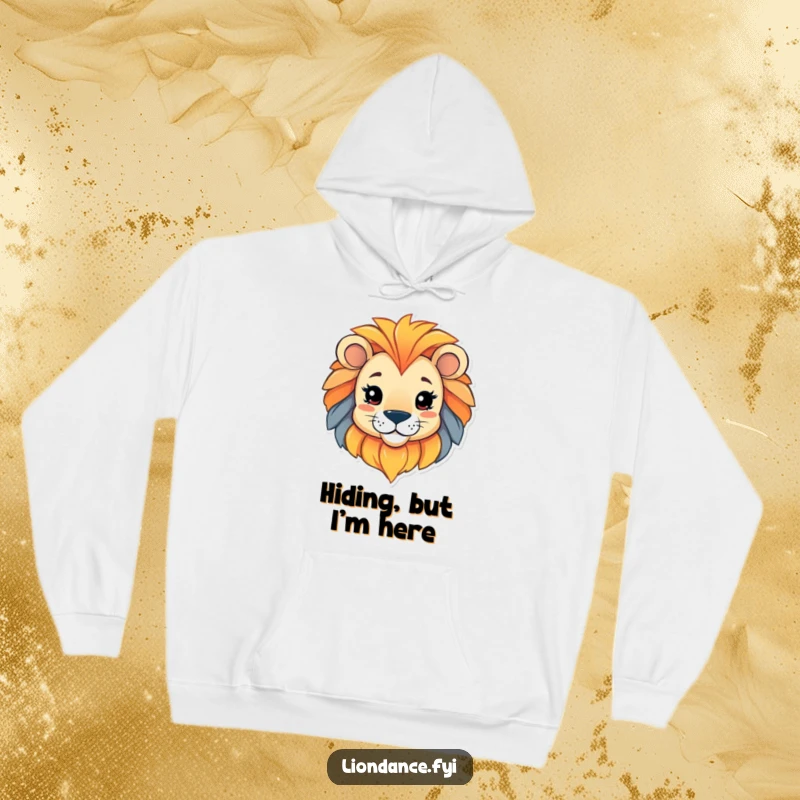 Funny hoodie featuring a playful character peeking out from a colorful lion head, perfect for adding mystery and warmth.