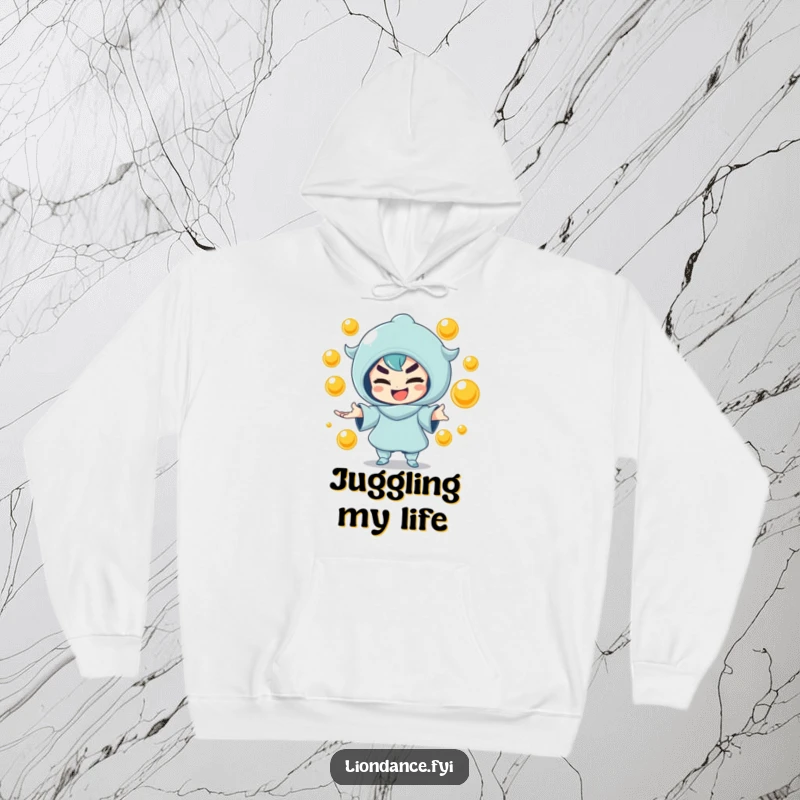 Funny hoodie depicting a mischievous character juggling bright golden orbs, radiating playful energy. Ideal funny gift.