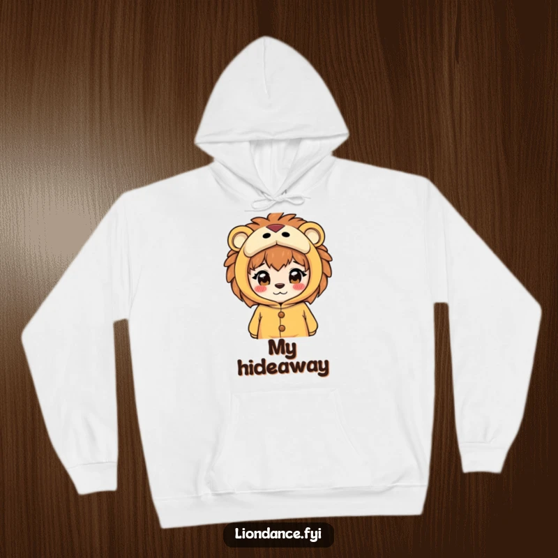 Funny hoodie featuring a curious character peeking through the eye slits of a lion costume, blending warmth with a sense of playful mystery.