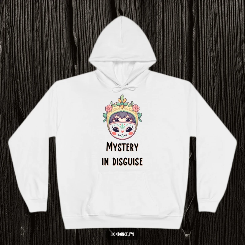 Funny hoodie with a curious character peeking from a decorated mask, ideal for staying warm with a touch of humorous mystery.