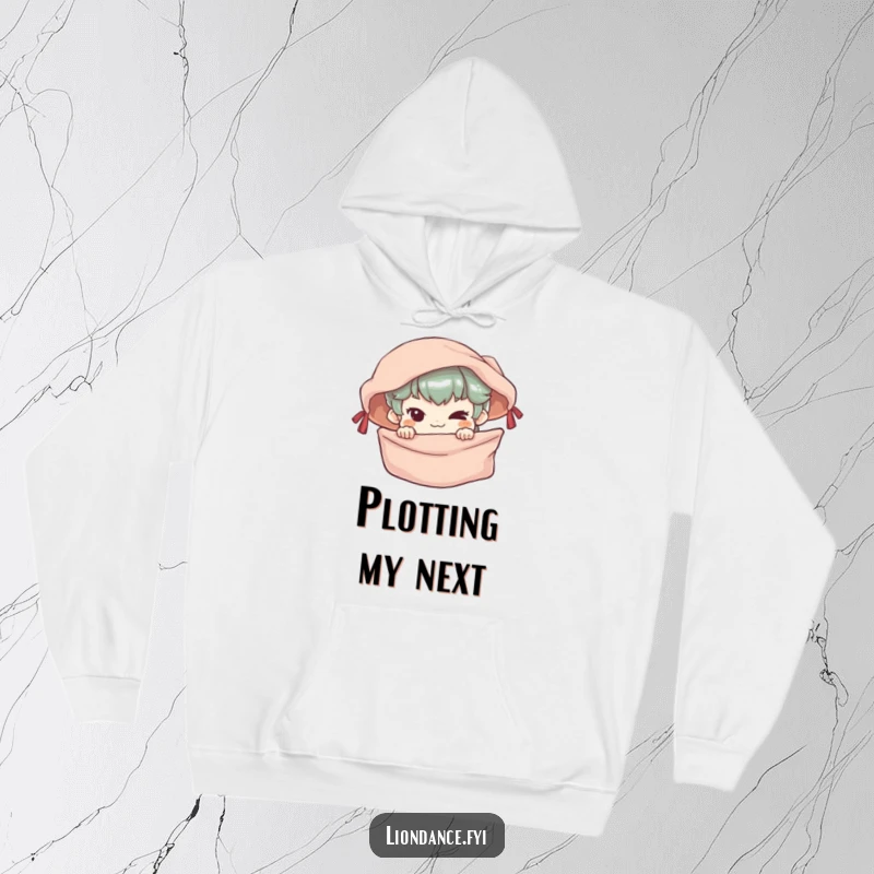 Funny Hoodie featuring a small character with a mischievous grin, peeking playfully from behind a silken banner.