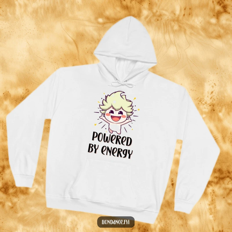 Funny hoodie with a smiling character bursting with energetic movement, ideal for staying warm with vibrant and humorous style.