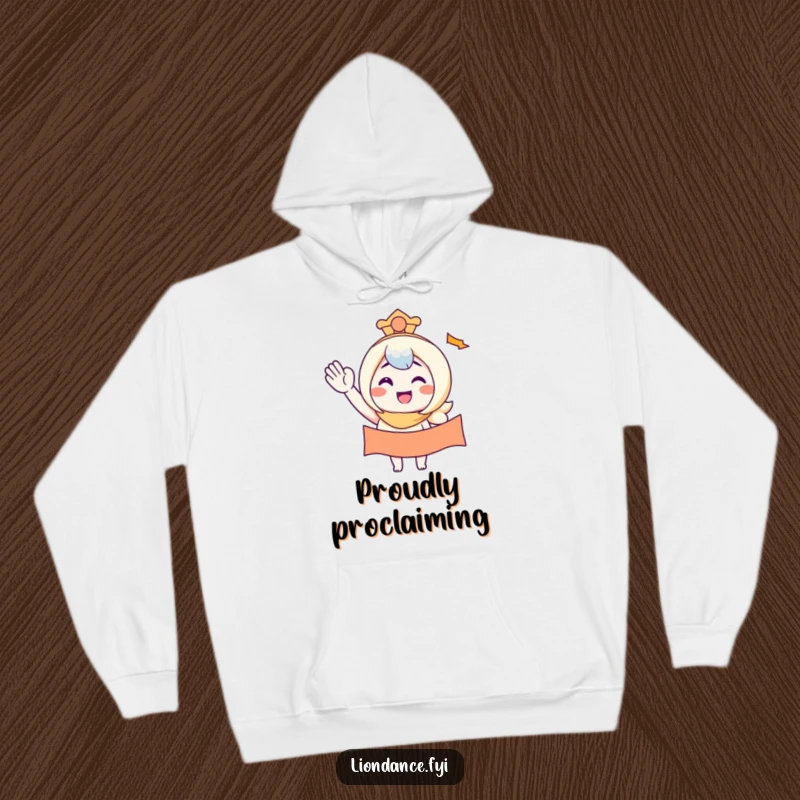 Funny hoodie with a character smiling while waving a banner, offering warmth and a dose of cheerful humor.