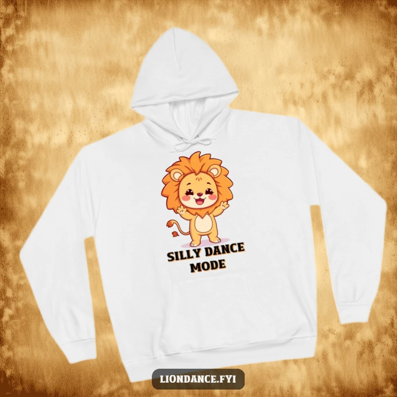 Funny hoodie with a smiling character in a lion costume doing a comical and silly dance, radiating pure fun.