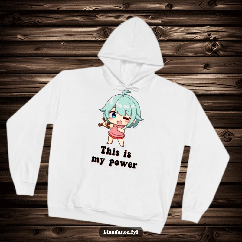Funny hoodie featuring a character striking a funny, exaggerated pose with a prop, combining comfort and theatrical fun.