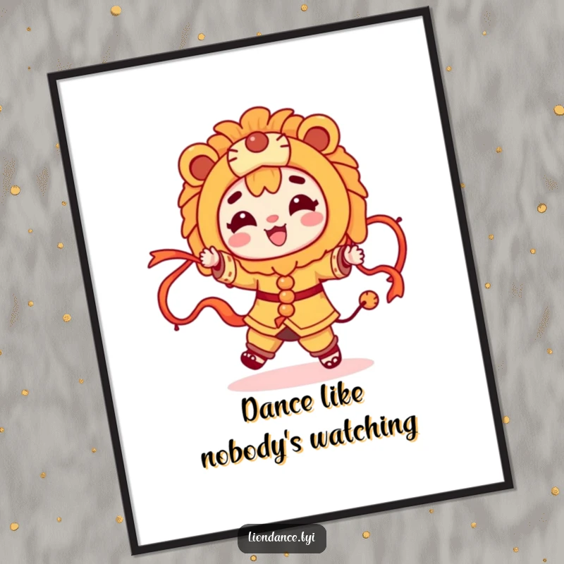 Funny Free Printable Wall Art: A character dancing joyfully in a lion costume, with ribbons creating a dynamic visual.