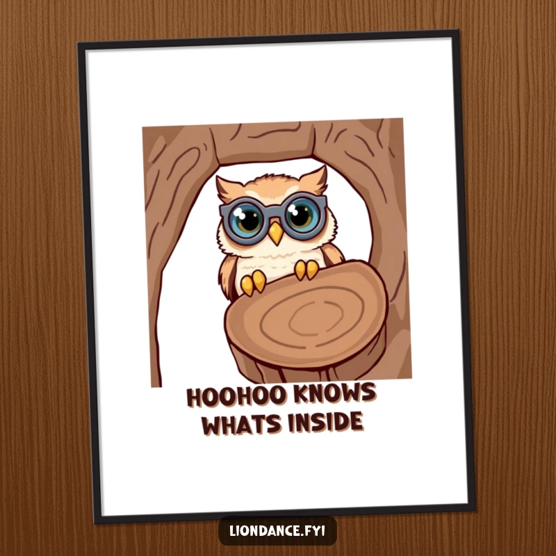 Funny Free Printable Wall Art: A cute owl wearing comically oversized binoculars, peering intently into a mysterious hollow log.