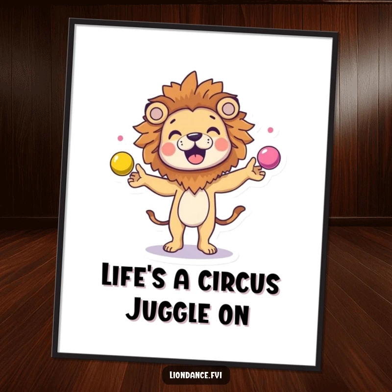 Funny Free Printable Wall Art: A character giggling while juggling colorful balls, wearing a fun lion head.