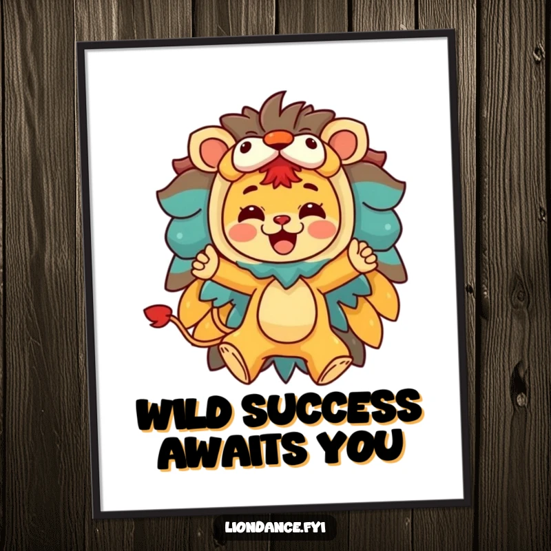 Funny Free Printable Wall Art: A character joyfully leaps from a colorful lion costume, creating a dynamic and humorous scene.