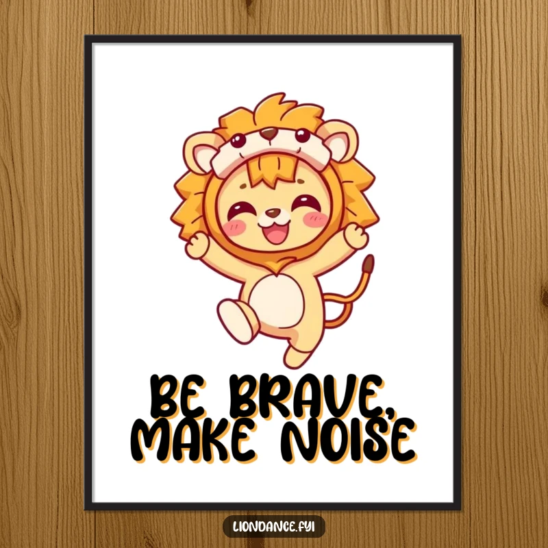 Funny Free Printable Wall Art: A person joyfully leaping while wearing a vibrant lion costume, full of playful energy.