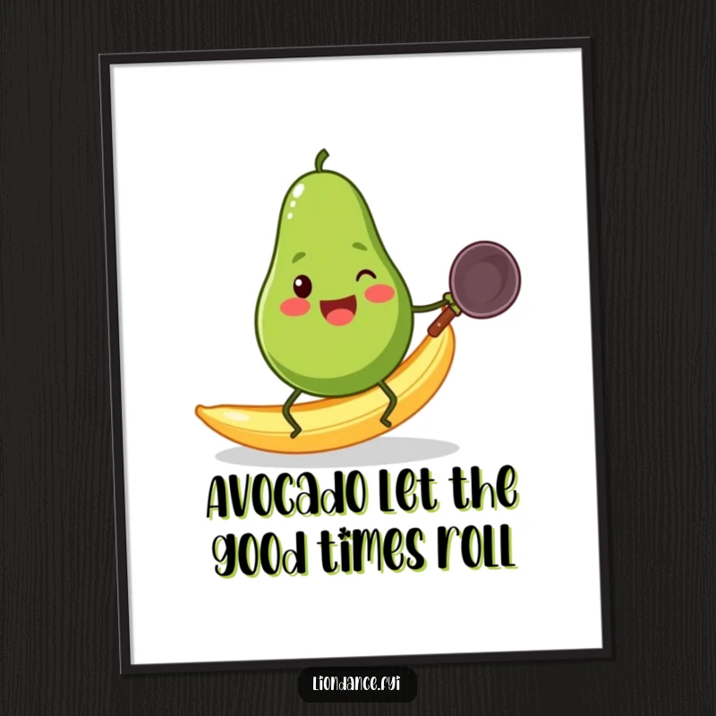 Funny Free Printable Wall Art: A cheerful avocado with tiny legs slipping on a banana peel while holding a wok.