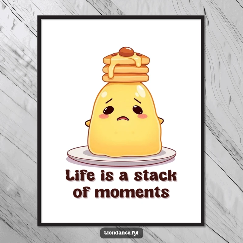Funny Free Printable Wall Art: A bewildered jelly struggling to balance a stack of pancakes, a humorous downloadable design.