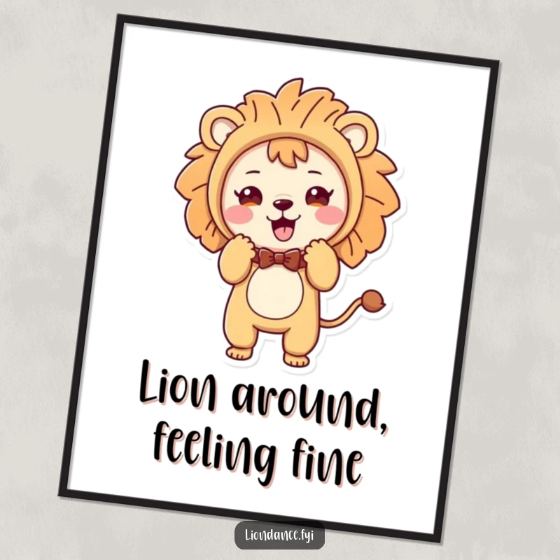 Funny Free Printable Wall Art: Adorable character inside a lion costume executing a funny, playful bow, perfect for delightful decor.