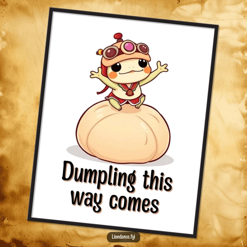 Funny Free Printable Wall Art: Tiny frog in lion dancer costume leaping enthusiastically over a giant dumpling.