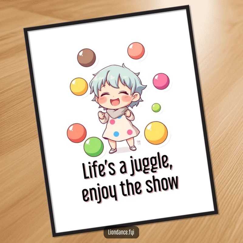 Funny Free Printable Wall Art: A character joyfully juggles colorful balls, radiating laughter and playful energy.