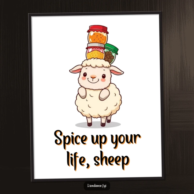 Funny Free Printable Wall Art: A fluffy sheep balancing a tall stack of colorful spice jars on its head.