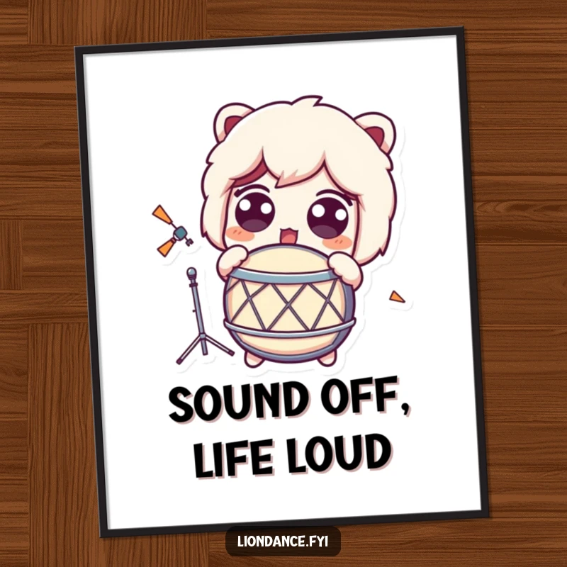 Funny free printable wall art of a cute character with wide, surprised eyes, recoiling from the sound of a loud drum.