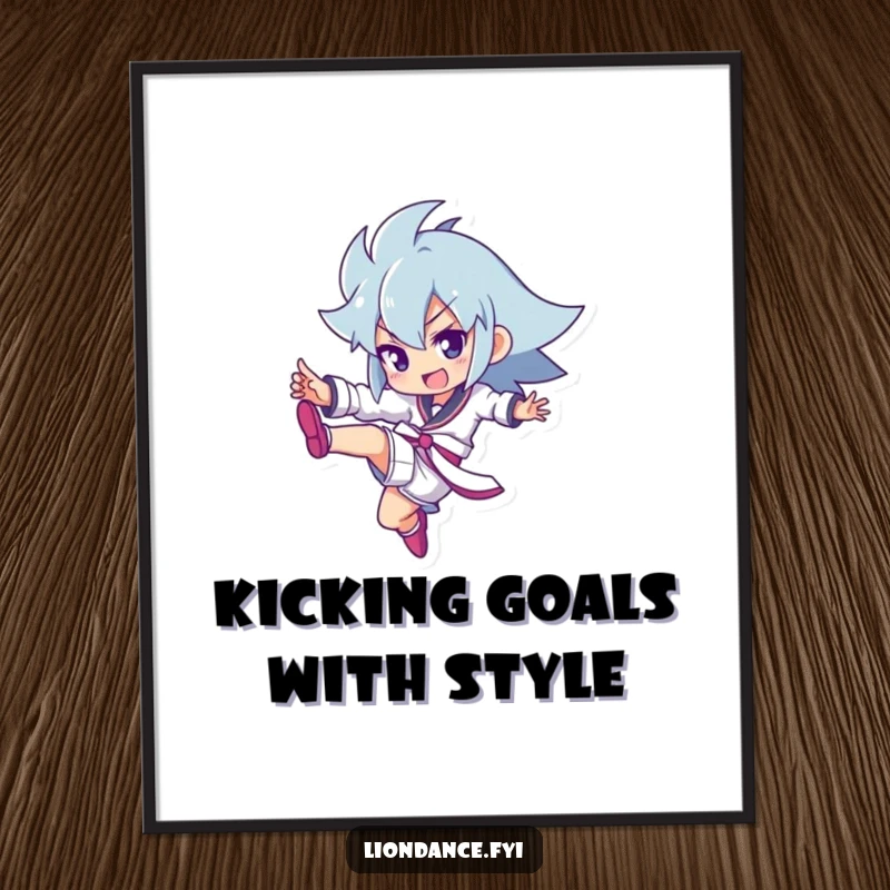 Funny Free Printable Wall Art of a character in a triumphant kicking pose, beaming with energy, perfect for adding a humorous motivational touch.