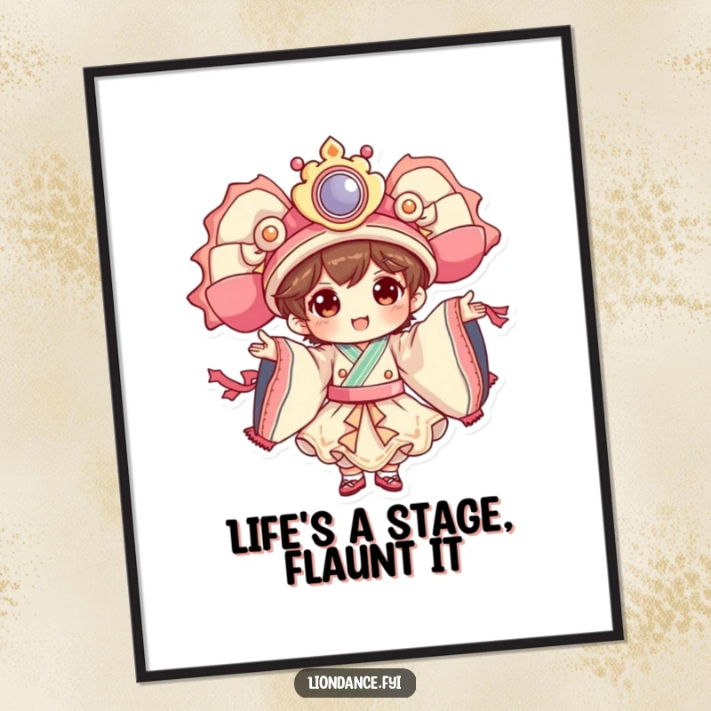 Funny Free Printable Wall Art: A cheerful character strikes a pose, showcasing elaborate costume movements and theatrical flair with captivating energy.