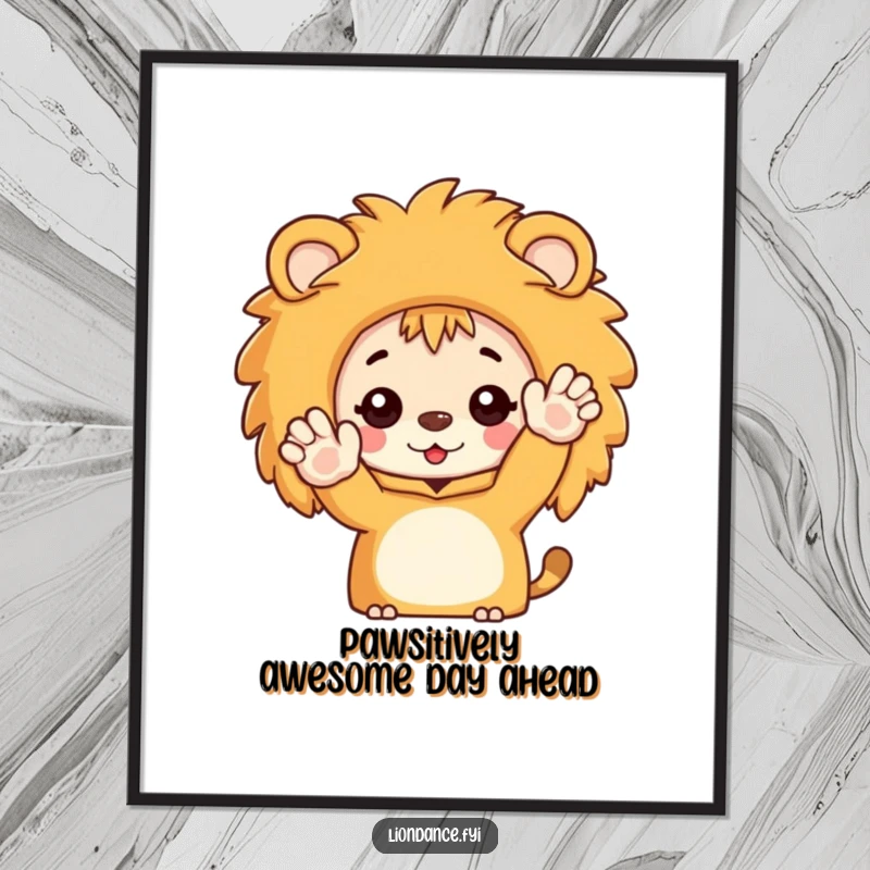 Funny Free Printable Wall Art: Character peeking from a lion costume, enthusiastically waving hello, bringing joy to any room.