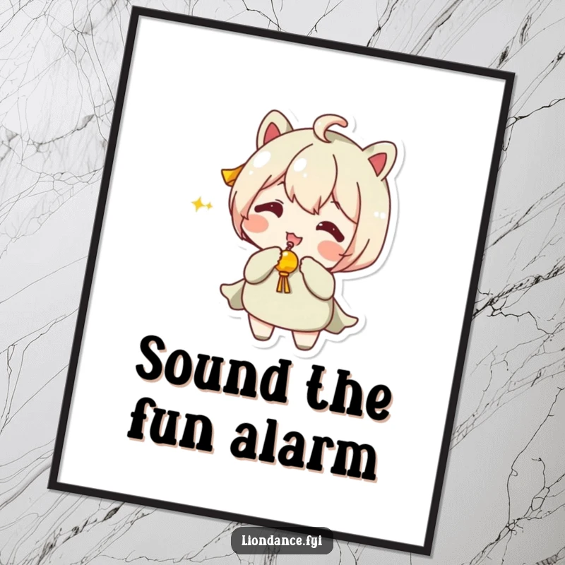 Funny free printable wall art of a jester character playfully shaking a small, jingling prop with a gleeful expression.