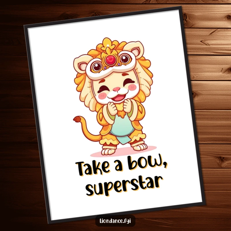 Funny Free Printable Wall Art depicting a joyful performer in a majestic lion costume taking a graceful bow.