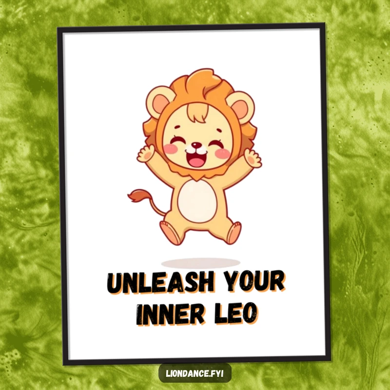 Funny Free Printable Wall Art of a cute character in a lion costume playfully leaping with joy, a fun downloadable art piece.
