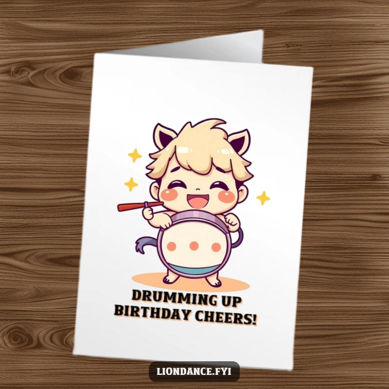 Funny Free Printable Birthday Card: A character happily beating a drum with a wide, infectious grin, celebrating joyfully.