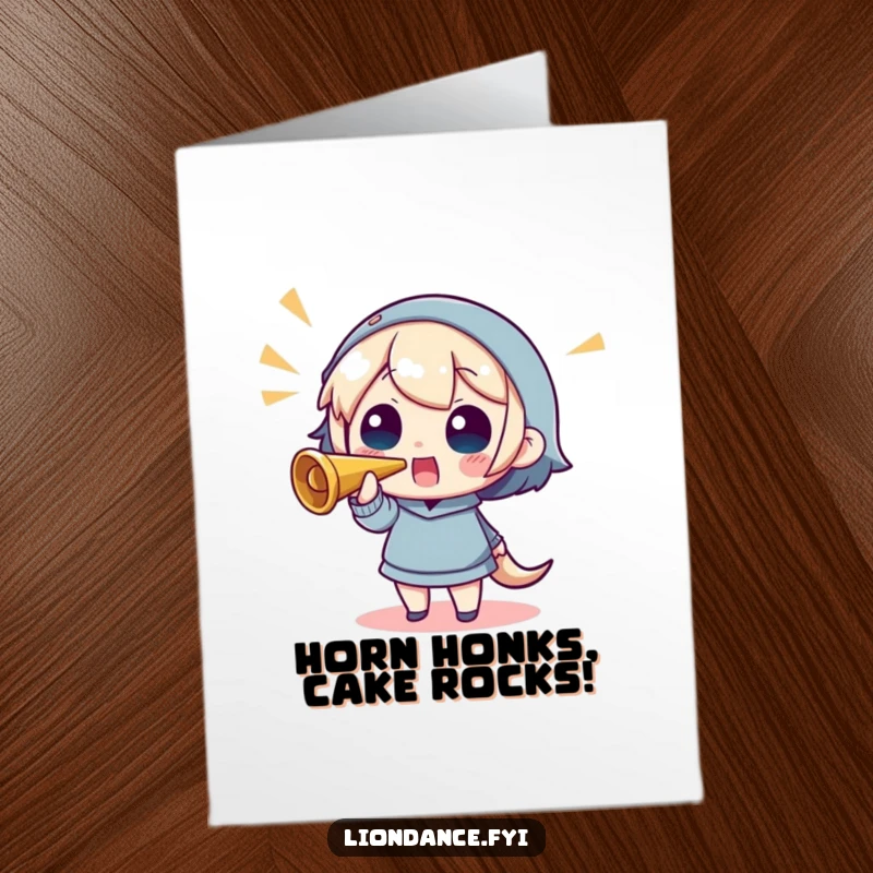 Funny Free Printable Birthday Card featuring a character gleefully blowing a horn, spreading cheer and festive vibes for a memorable celebration.