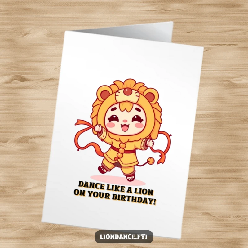 Funny Free Printable Birthday Card: A cheerful character dancing gracefully with flowing ribbons, embracing a lion costume.
