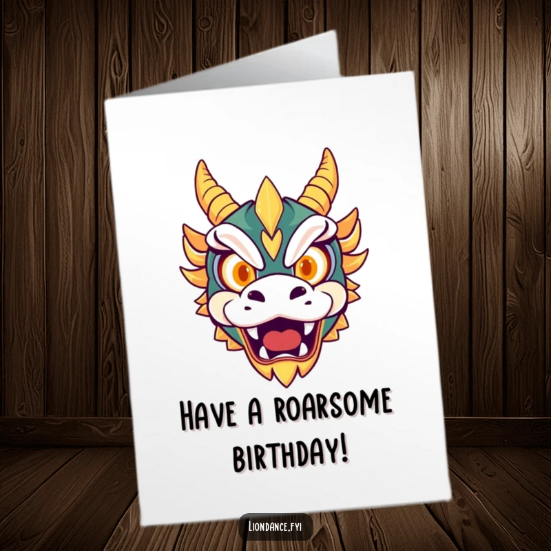 Funny Free Printable Birthday Card: A cute dragon mask with glowing eyes playfully roars, sending fierce birthday wishes.