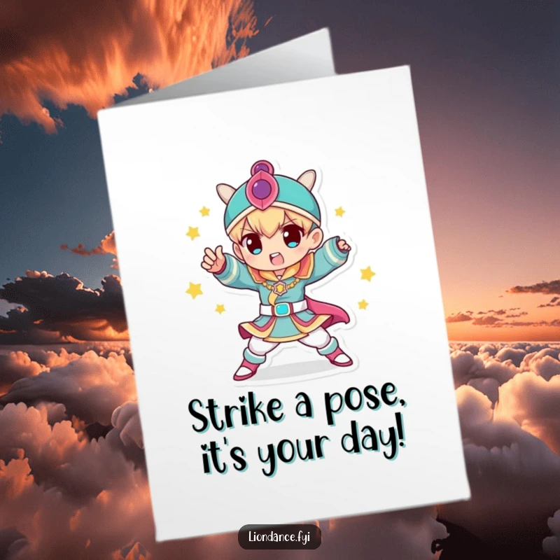 Funny Free Printable Birthday Card: A character in a vibrant colorful costume striking a confident, dynamic pose.